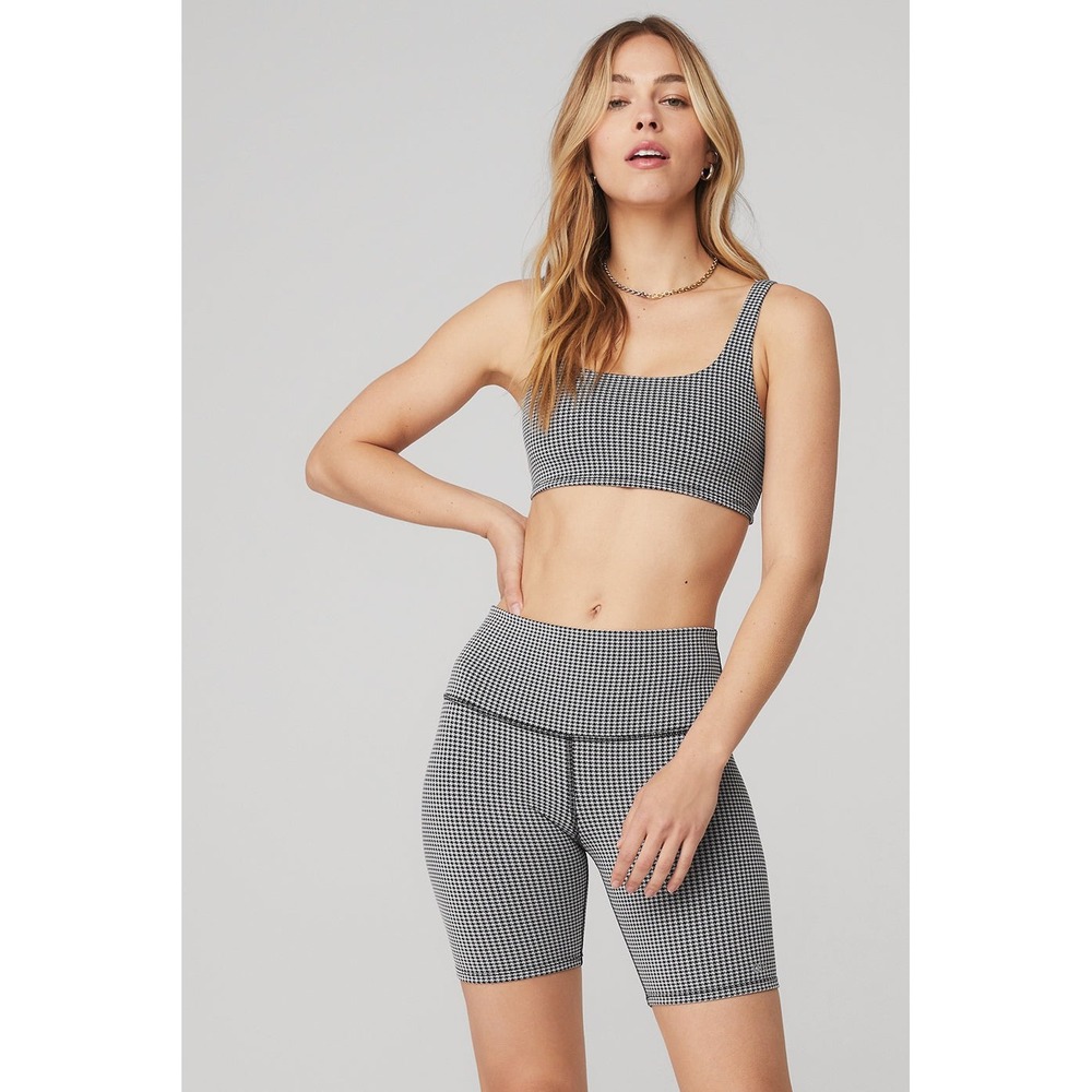 Alo Yoga Houndstooth Set Sports Bra Small & Biker Shorts XS Black White